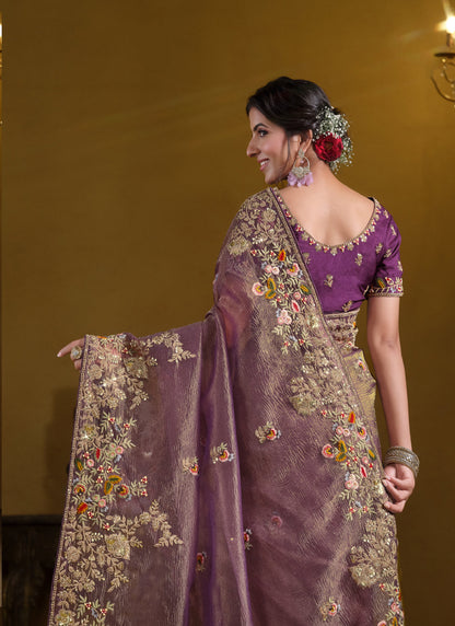 Light Purple Pure Banarasi Crush Khatli Work With Sequence Heavy Designer Saree