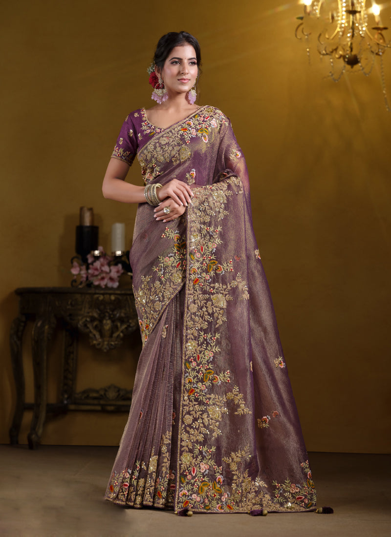 Light Purple Pure Banarasi Crush Khatli Work With Sequence Heavy Designer Saree