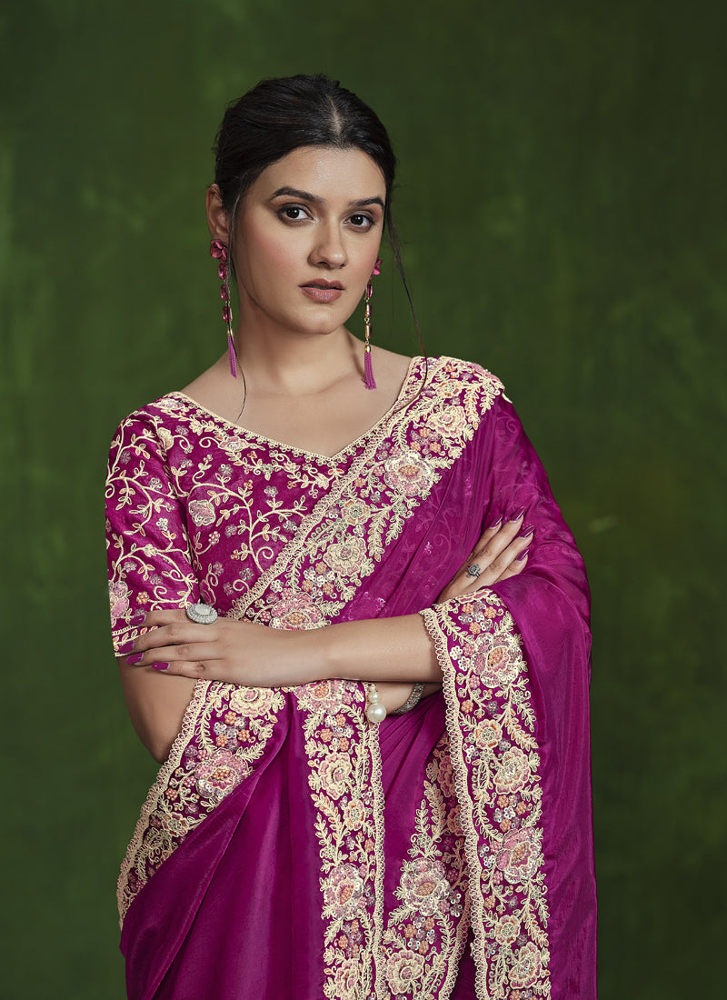 Magenta Sequence Crape Silk Beautiful Ready To Wear Saree