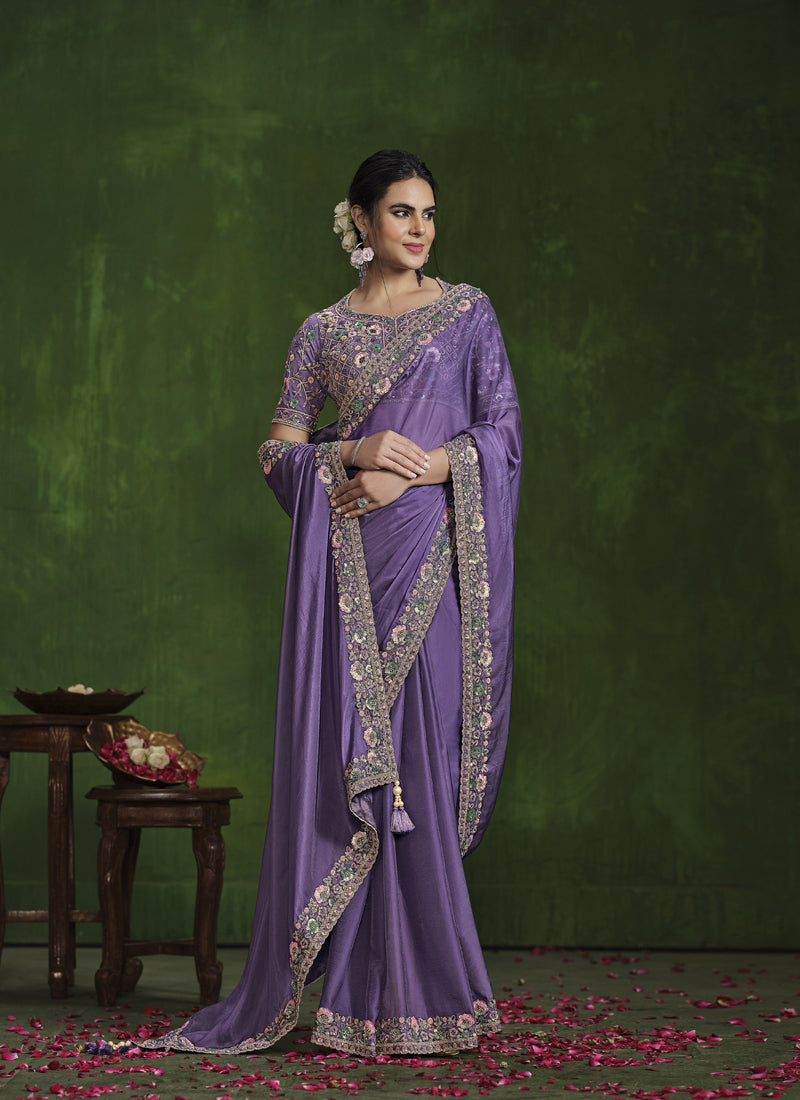 Dark Lavender Heavy Designer Blouse Beautiful Ready To Wear Saree