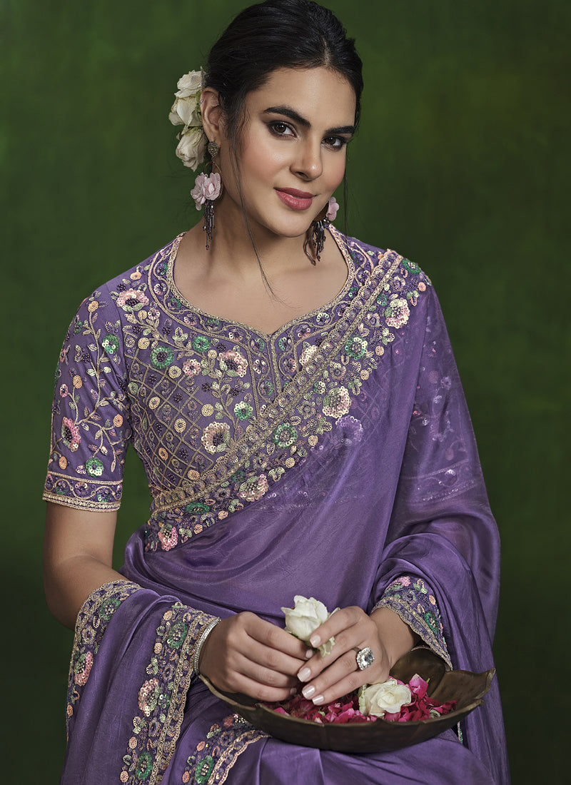 Dark Lavender Heavy Designer Blouse Beautiful Ready To Wear Saree