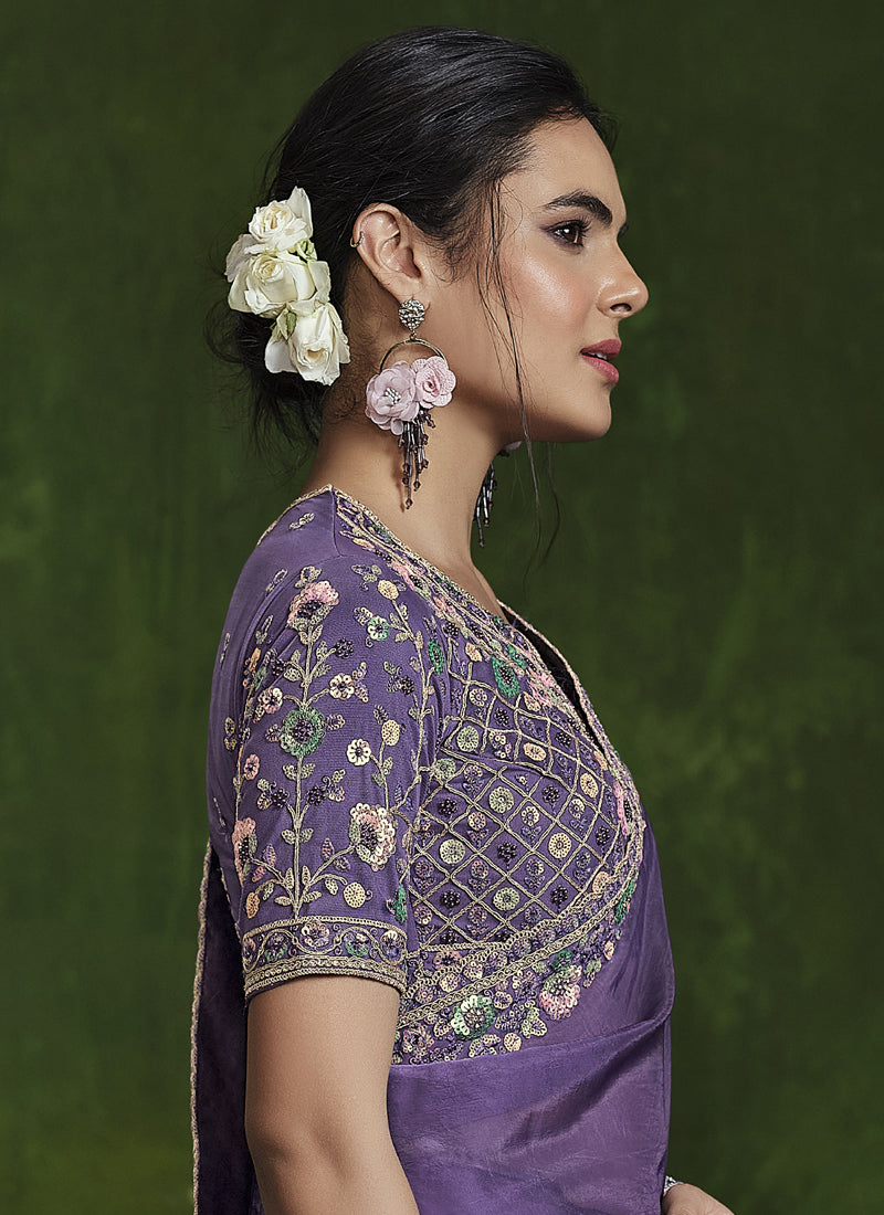 Dark Lavender Heavy Designer Blouse Beautiful Ready To Wear Saree