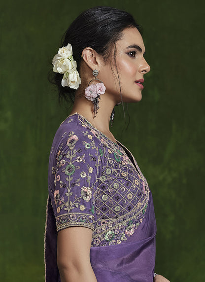 Dark Lavender Heavy Designer Blouse Beautiful Ready To Wear Saree