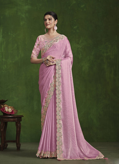 Baby Pink Satin Silk Heavy Designer Blouse Beautiful Ready To Wear Saree