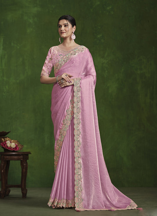 Baby Pink Satin Silk Heavy Designer Blouse Beautiful Ready To Wear Saree