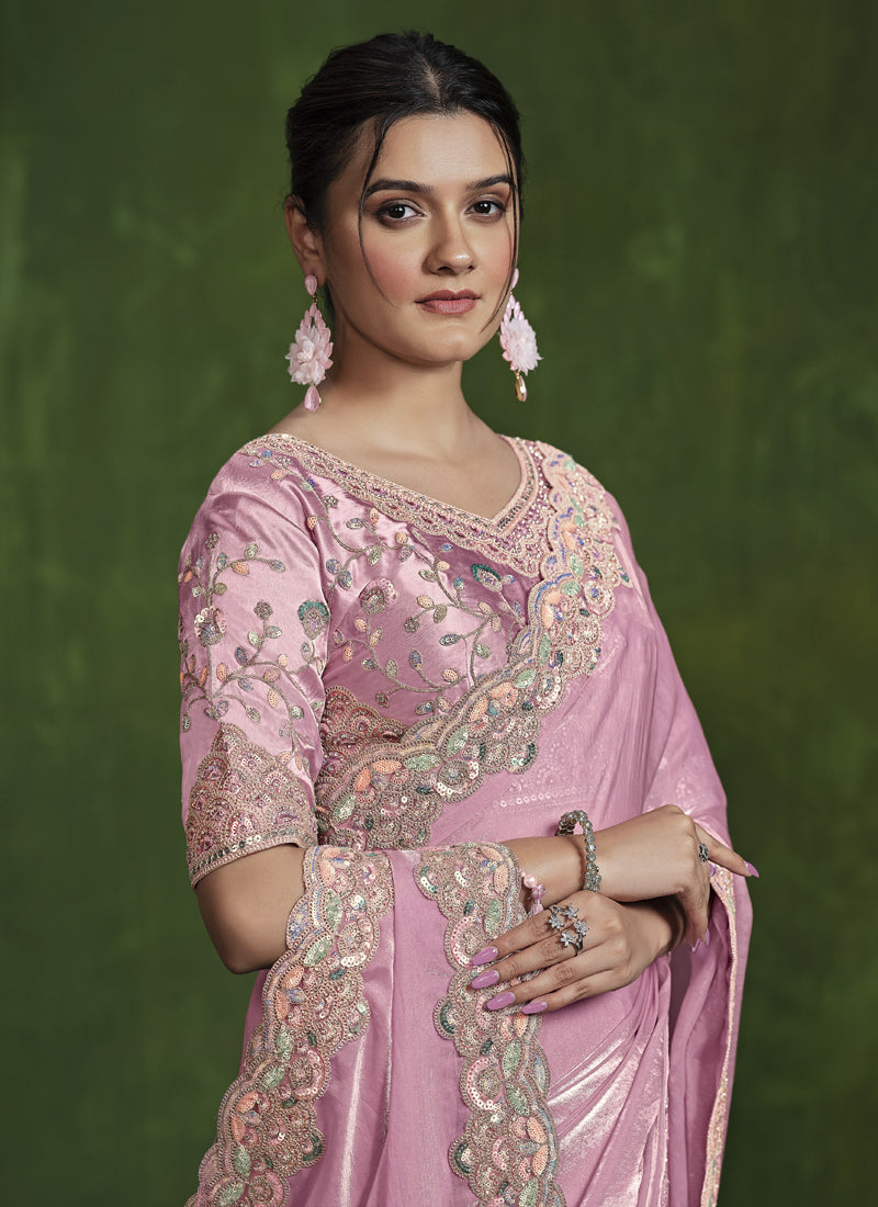 Baby Pink Satin Silk Heavy Designer Blouse Beautiful Ready To Wear Saree