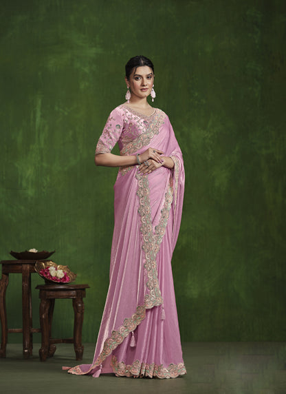 Baby Pink Satin Silk Heavy Designer Blouse Beautiful Ready To Wear Saree