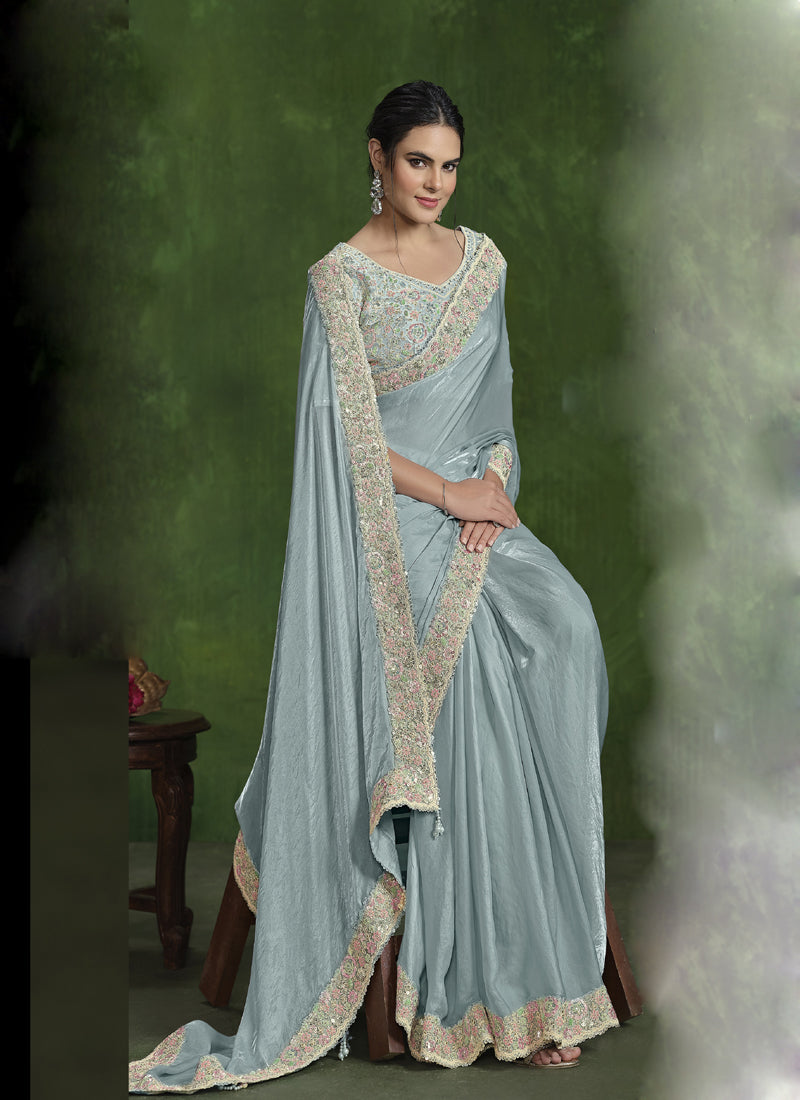 Light Sky Blue Multi Satin Silk Designer Blouse Beautiful Ready To Wear Saree