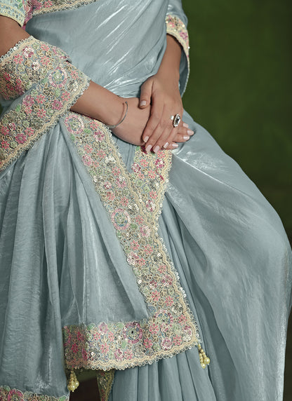 Light Sky Blue Multi Satin Silk Designer Blouse Beautiful Ready To Wear Saree