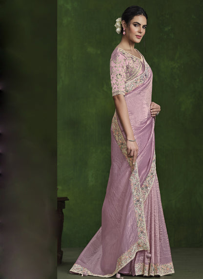 Baby Pink Crush Paper Silk Designer Blouse Beautiful Ready To Wear Saree