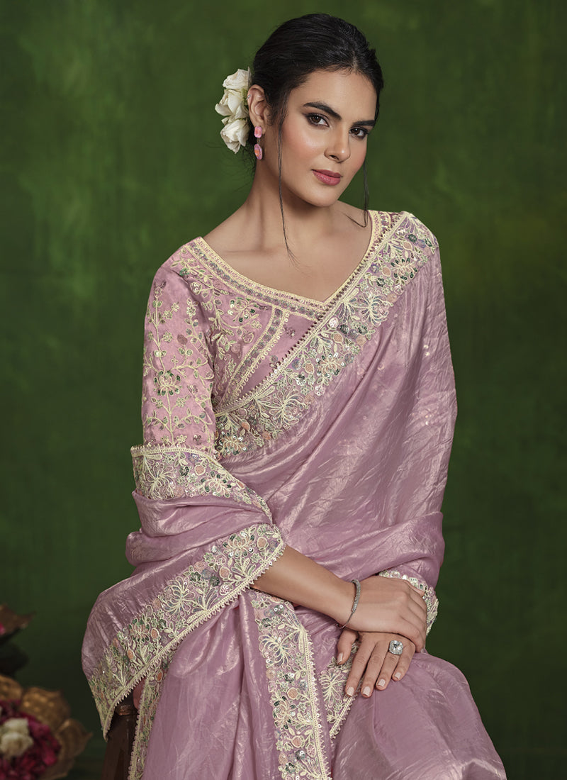 Baby Pink Crush Paper Silk Designer Blouse Beautiful Ready To Wear Saree