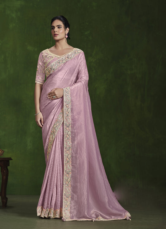 Baby Pink Crush Paper Silk Designer Blouse Beautiful Ready To Wear Saree