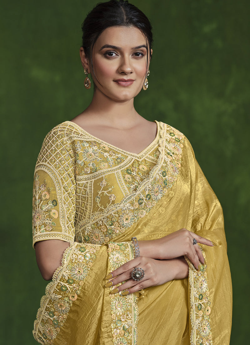 Mustard Crush Paper Silk Designer Blouse Beautiful Ready To Wear Saree