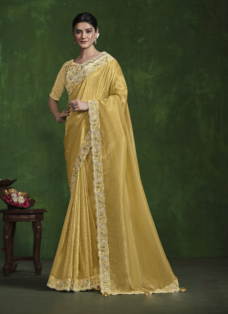 Mustard Crush Paper Silk Designer Blouse Beautiful Ready To Wear Saree