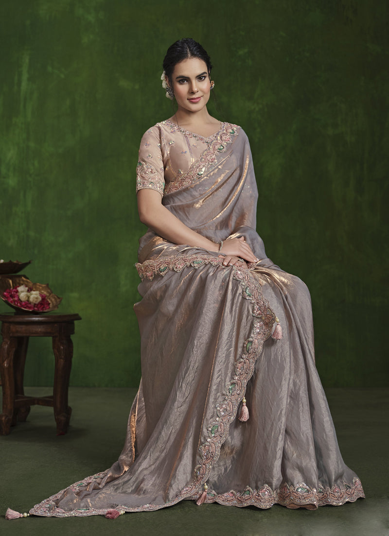 Gray Sequence & Hand Work Beautiful Ready To Wear Saree