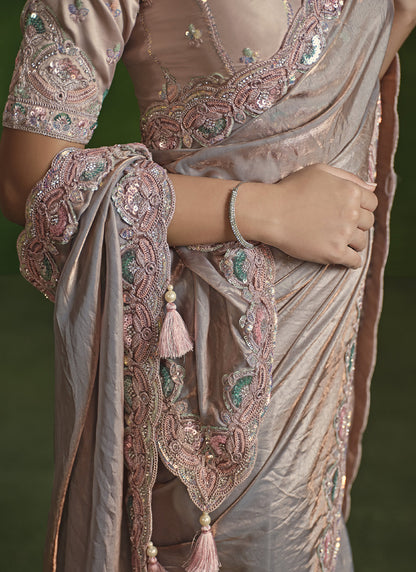 Gray Sequence & Hand Work Beautiful Ready To Wear Saree