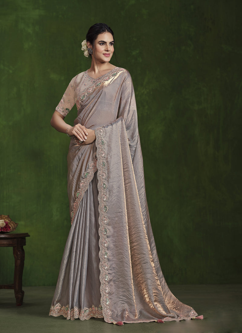 Gray Sequence & Hand Work Beautiful Ready To Wear Saree