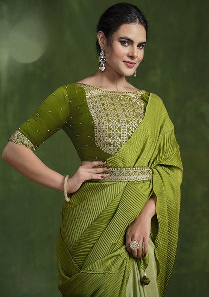 Pear Green Crape Silk Heavy Designer Blouse Beautiful Ready To Wear Saree