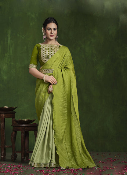 Pear Green Crape Silk Heavy Designer Blouse Beautiful Ready To Wear Saree
