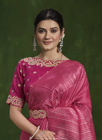 Pink & Beige Banarasi Crush Silk Designer Blouse Beautiful Ready To Wear Saree