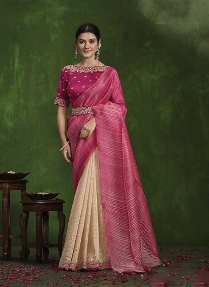 Pink & Beige Banarasi Crush Silk Designer Blouse Beautiful Ready To Wear Saree