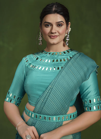 Turquoise Crape Silk Designer Blouse Beautiful Ready To Wear Saree