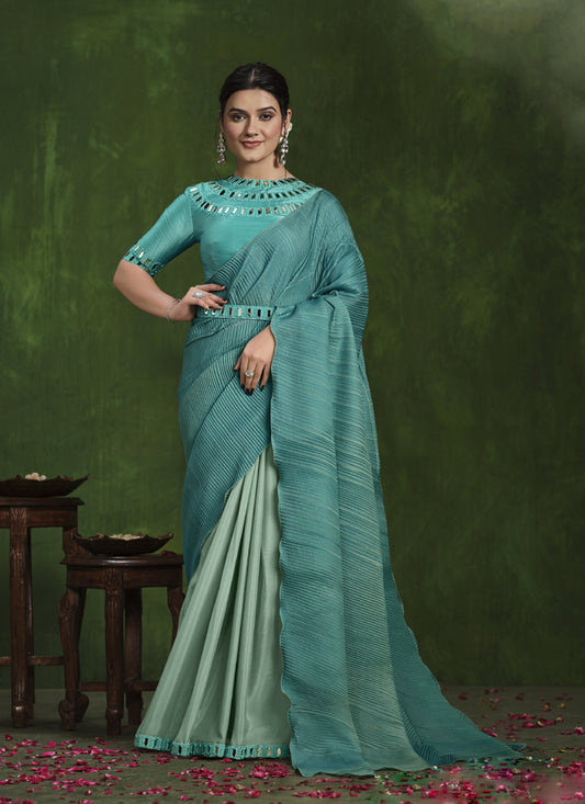 Turquoise Crape Silk Designer Blouse Beautiful Ready To Wear Saree