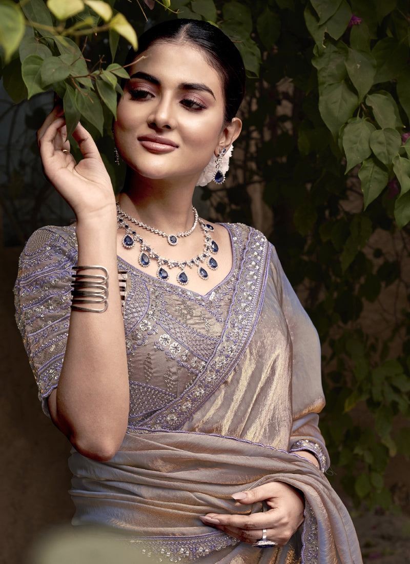 Chiku Satin Silk Work Party Wear Designer Saree