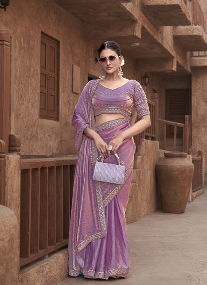 Lilac Satin Silk Party Wear Designer Saree