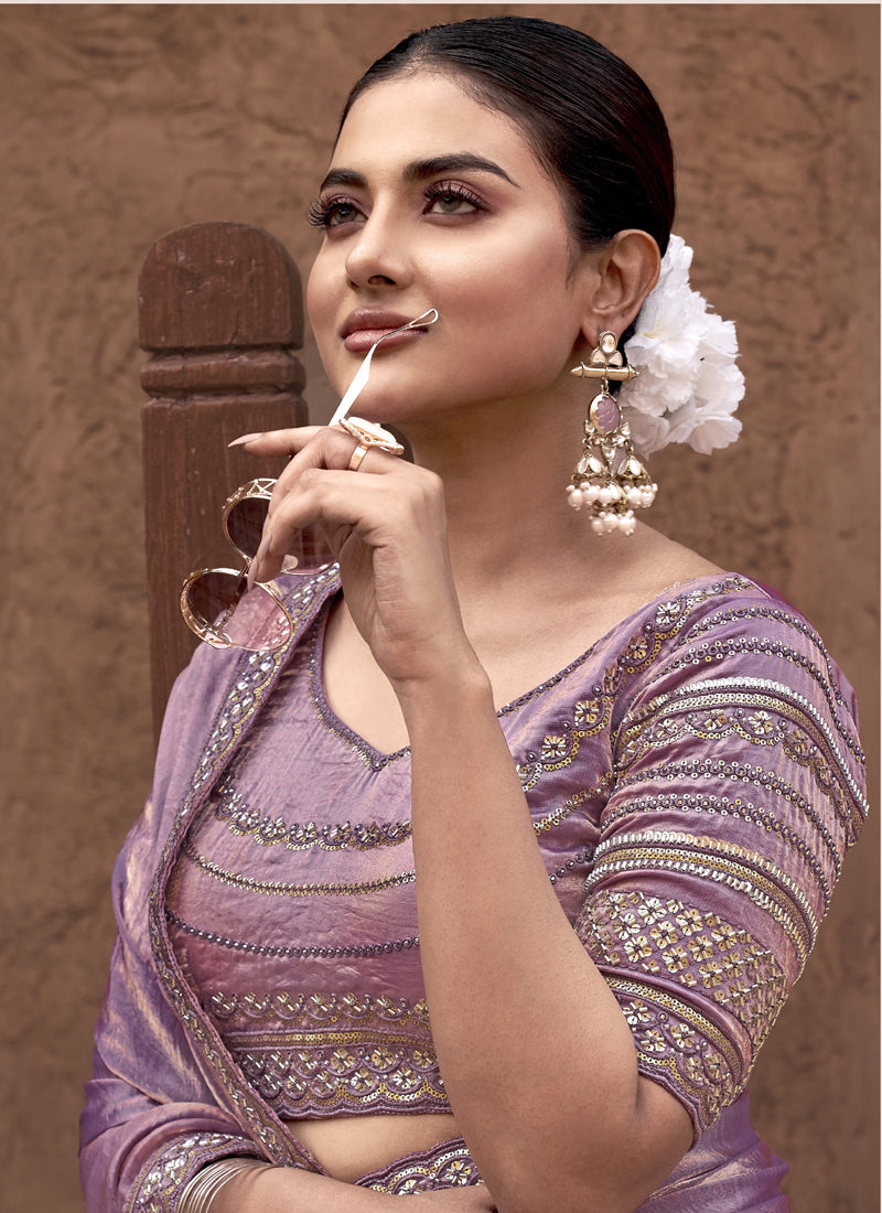 Lilac Satin Silk Party Wear Designer Saree