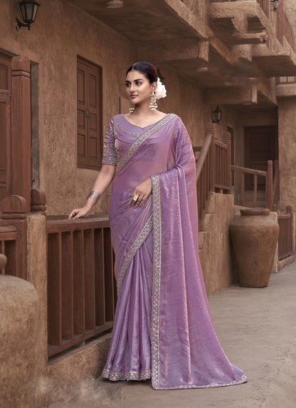 Lilac Satin Silk Party Wear Designer Saree