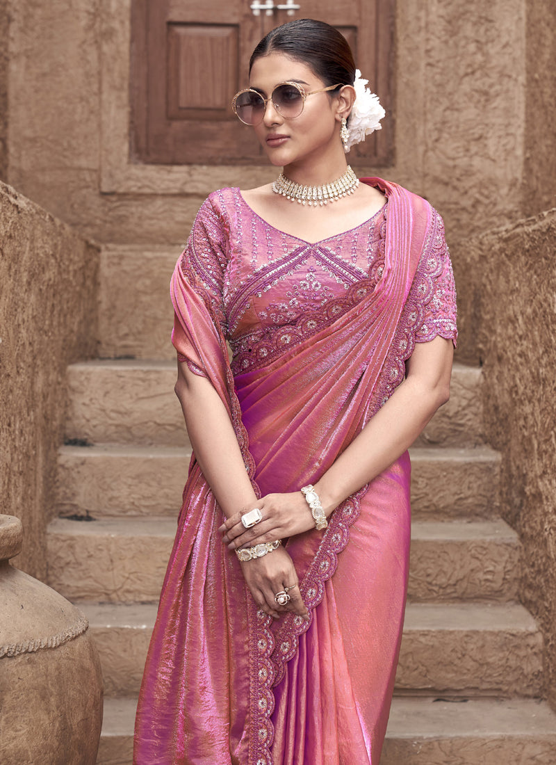 Pink Satin Silk Party Wear Designer Saree