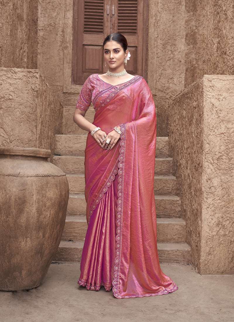 Pink Satin Silk Party Wear Designer Saree