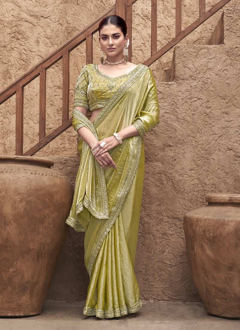 Olive Satin Silk Party Wear Designer Saree
