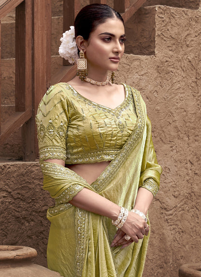 Olive Satin Silk Party Wear Designer Saree