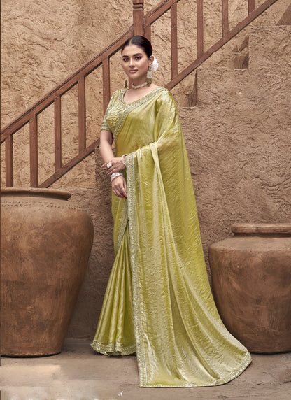 Olive Satin Silk Party Wear Designer Saree