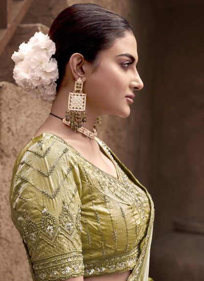Olive Satin Silk Party Wear Designer Saree