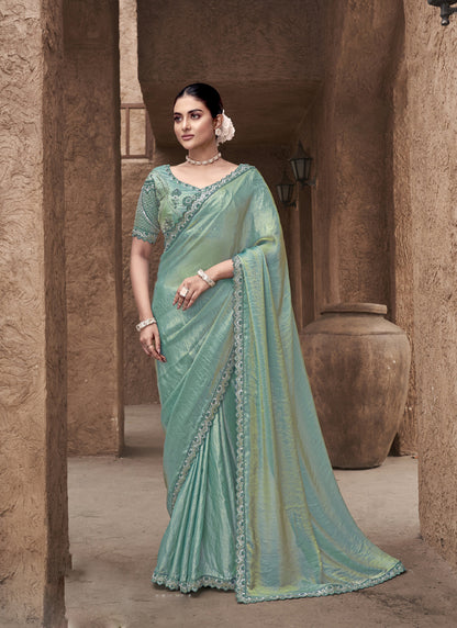 Turquoise Satin Silk Party Wear Designer Saree