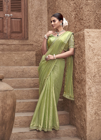 Olive Satin Silk Party Wear Designer Saree