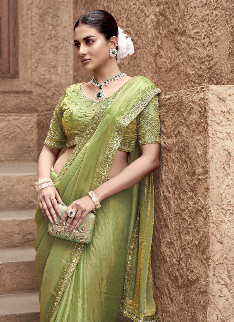 Olive Satin Silk Party Wear Designer Saree