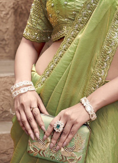 Olive Satin Silk Party Wear Designer Saree