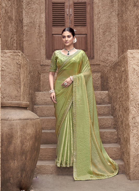 Olive Satin Silk Party Wear Designer Saree
