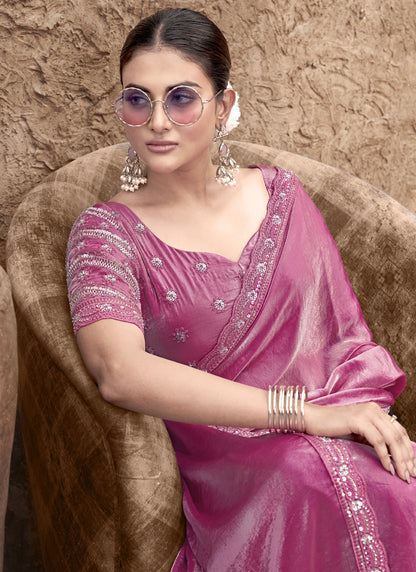 Onion Pink Satin Silk  Party Wear Designer Saree