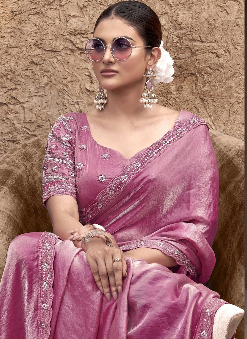 Onion Pink Satin Silk  Party Wear Designer Saree