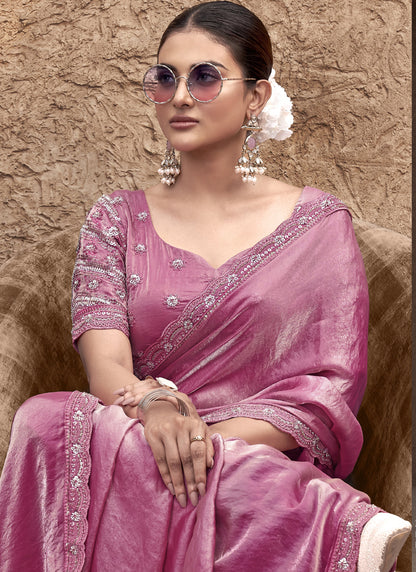 Onion Pink Satin Silk  Party Wear Designer Saree