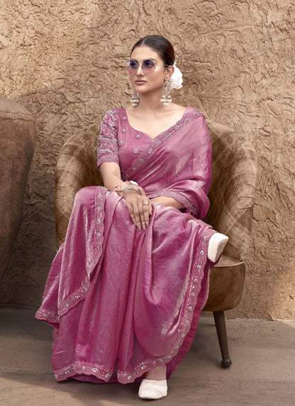 Onion Pink Satin Silk  Party Wear Designer Saree