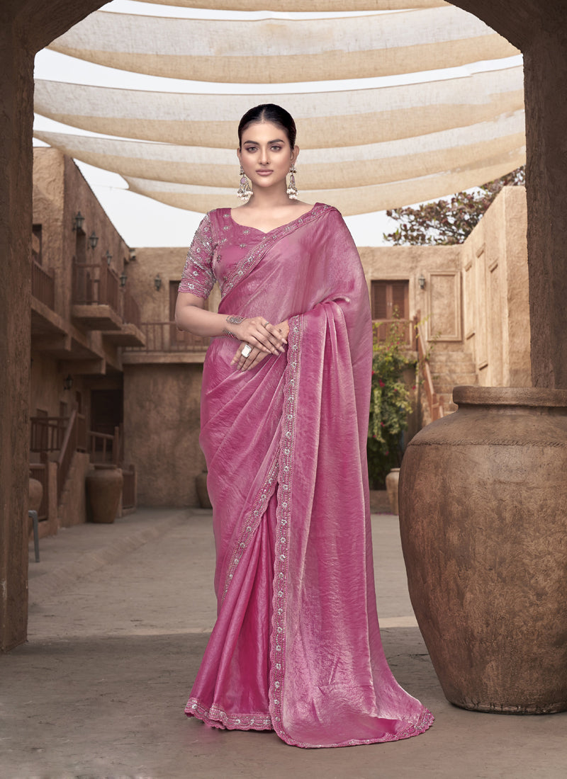 Onion Pink Satin Silk  Party Wear Designer Saree