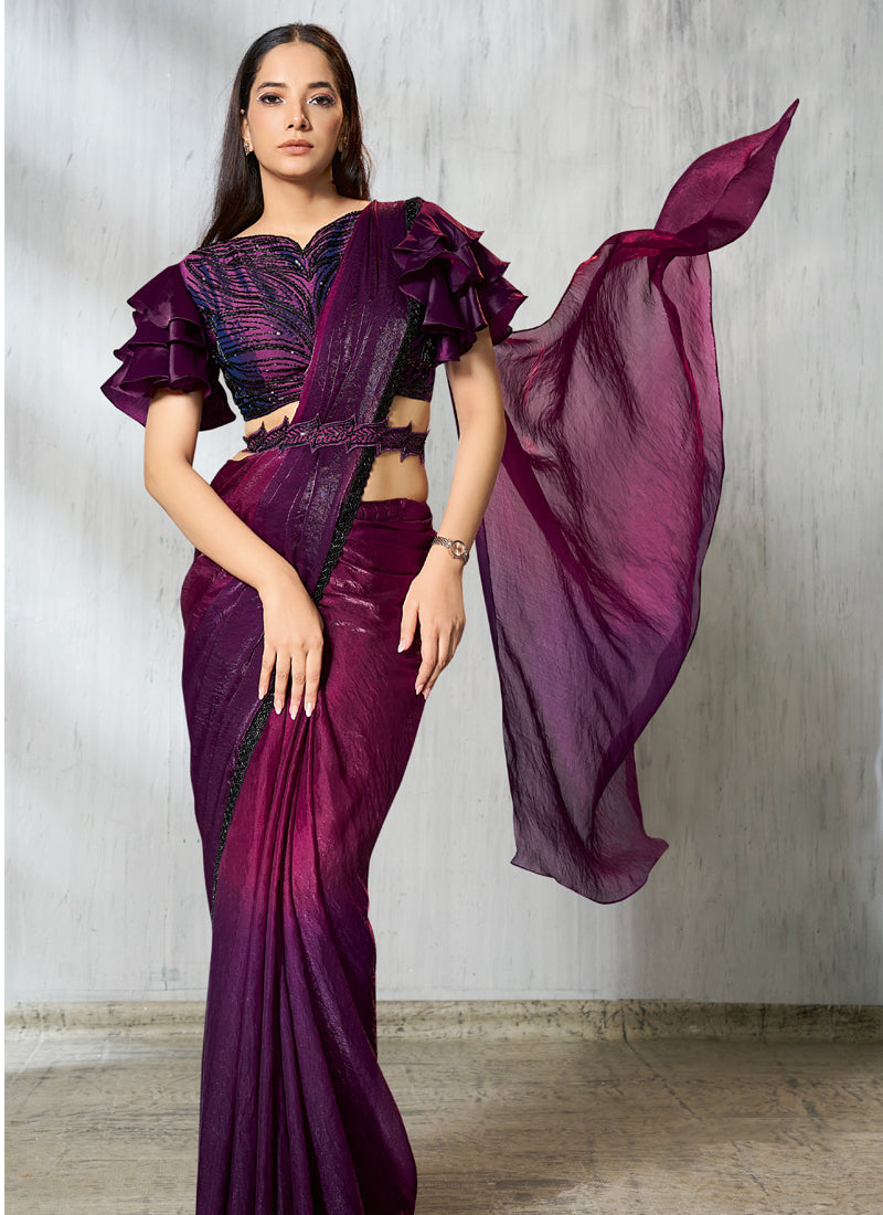 Shaded Wine Two Tone Satin Silk Designer Ready To Wear  Saree