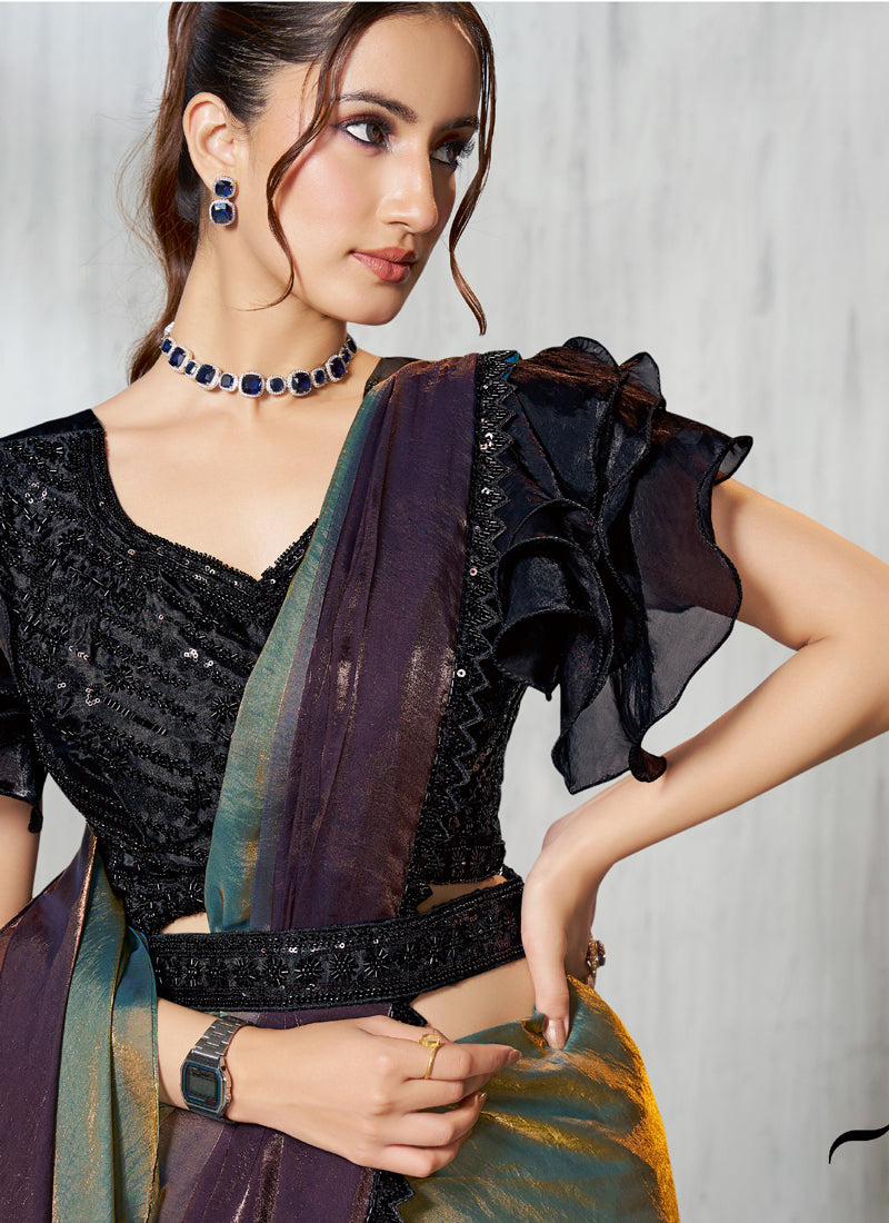 Shaded Wine & Gray Two Tone Satin Silk Designer Ready To Wear  Saree