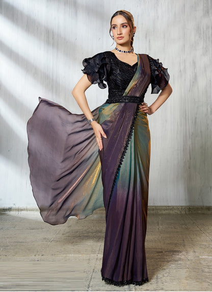 Shaded Wine & Gray Two Tone Satin Silk Designer Ready To Wear  Saree
